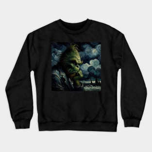 Whimsical Night: Mischievous Green Character - Starry Night Inspired Holiday Art Crewneck Sweatshirt